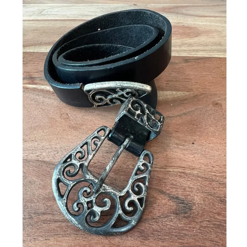 Vintage 90's black leather belt intricate antique silver buckle M 31-34 western